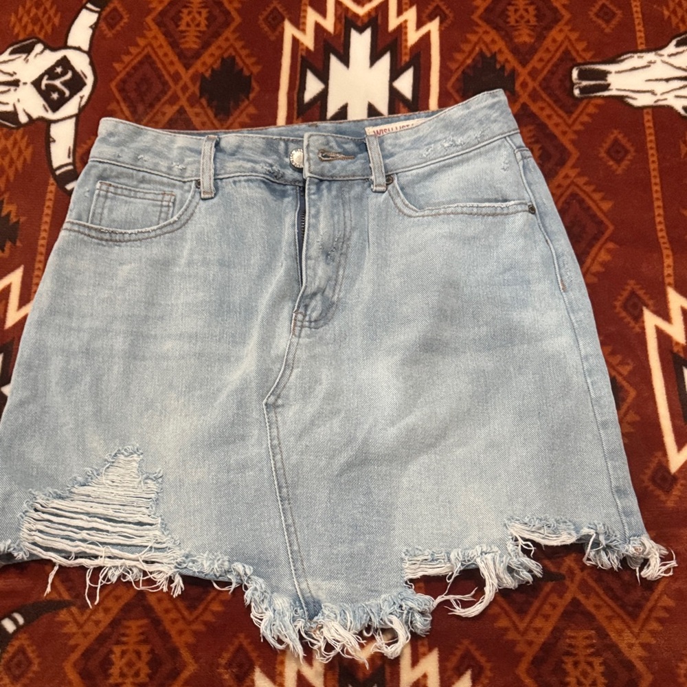 Wishlist Light Blue Distressed Denim Midi Skirt